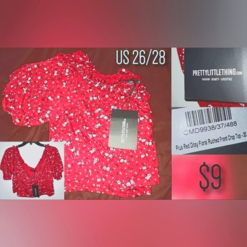 Red Ditsy Floral Runched Crop Top